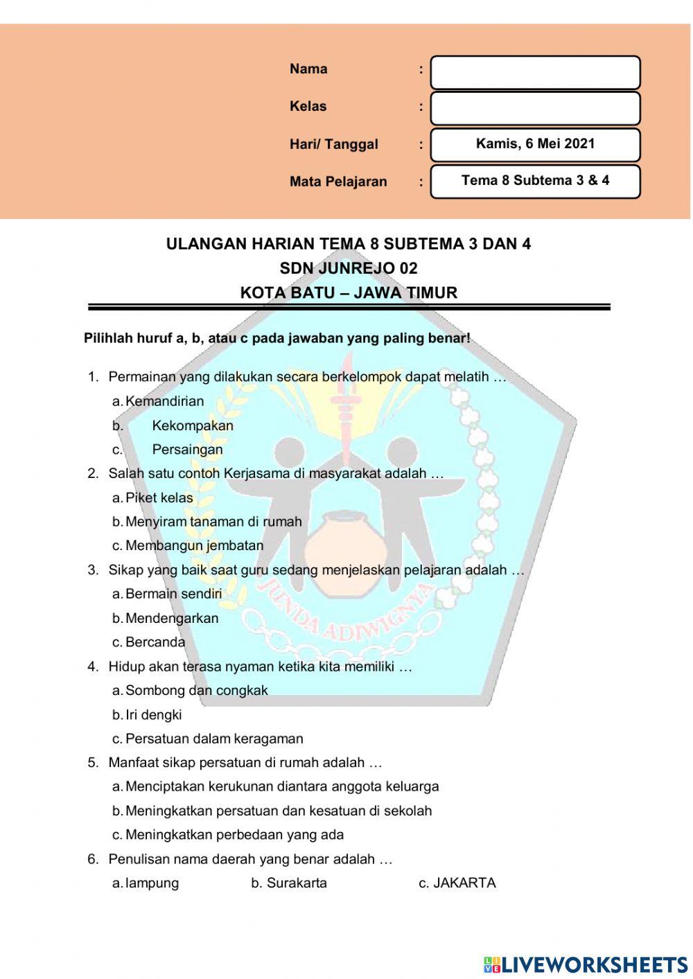 Kelas 2 SD-ULANGAN HARIAN TEMA 8 SUBTEMA 3 DAN 4