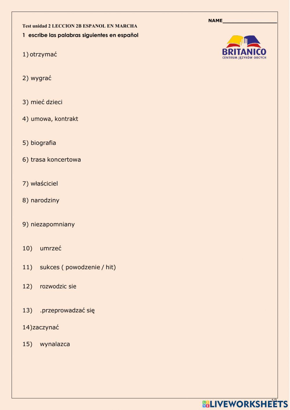 Vocabulario unidad 2B Espanol en Marcha