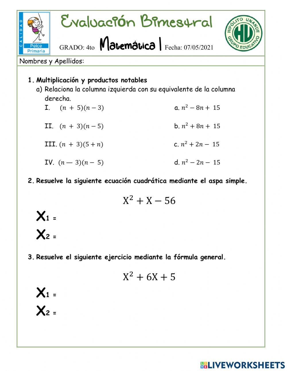 Examen Bimestral Secundaria 4to