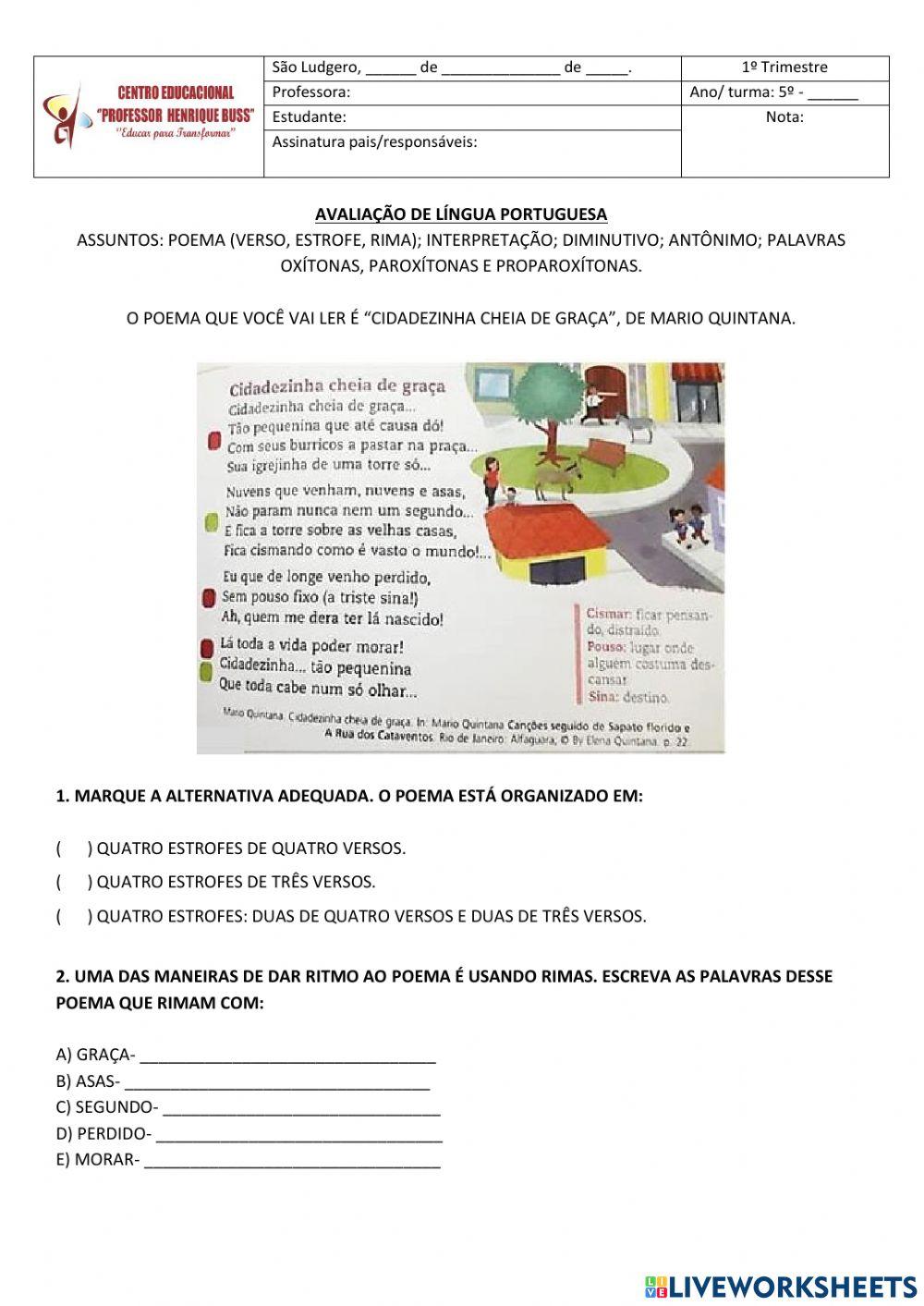 Avaliação Língua Portuguesa