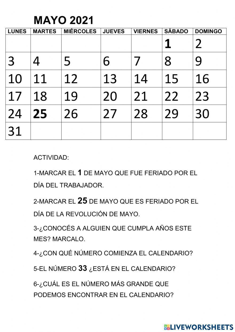 Calendario de mayo