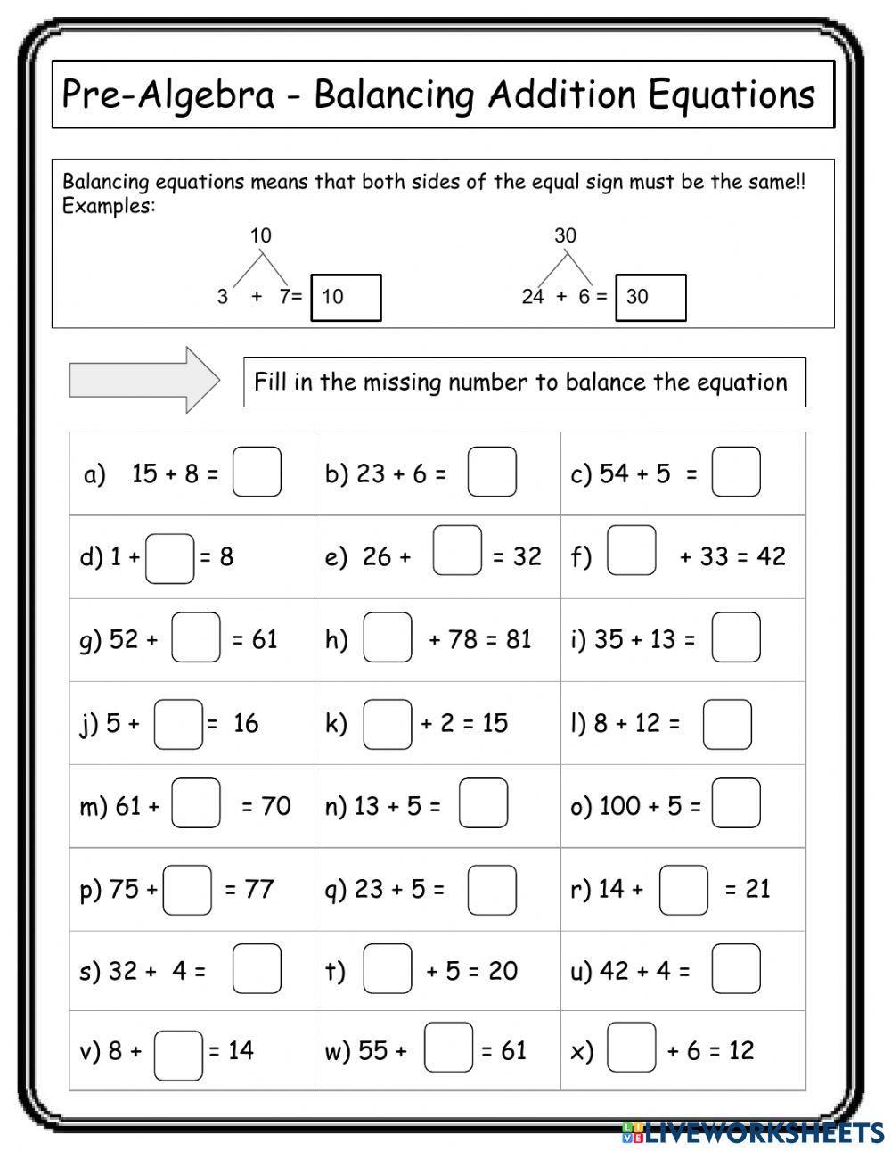 Pre-Algebra Balancing Equations (Addition)