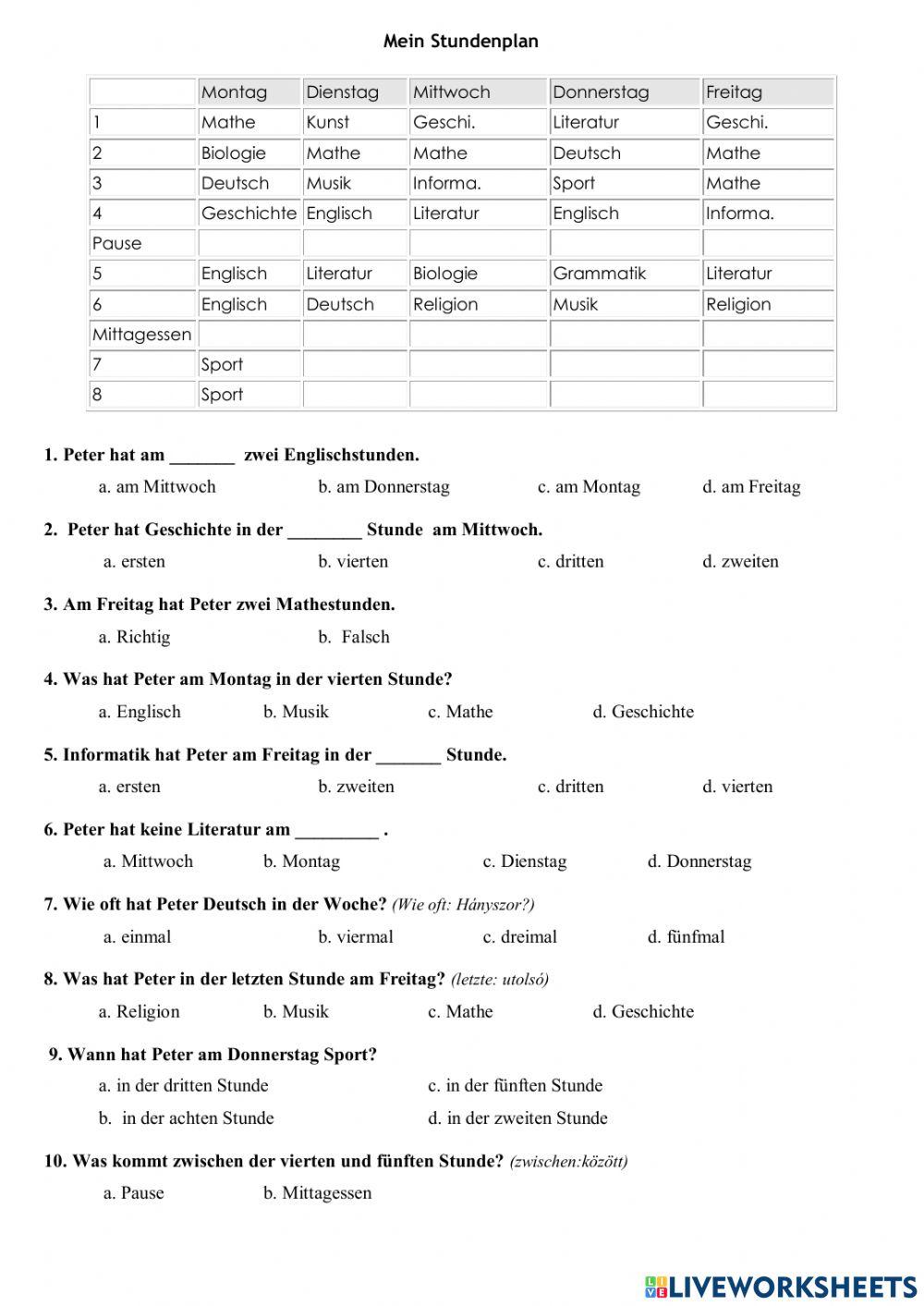 Schulfächer-Stundenplan