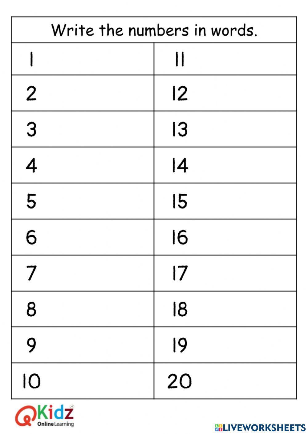 Number Words 1 to 20 Number Words 1 to 20