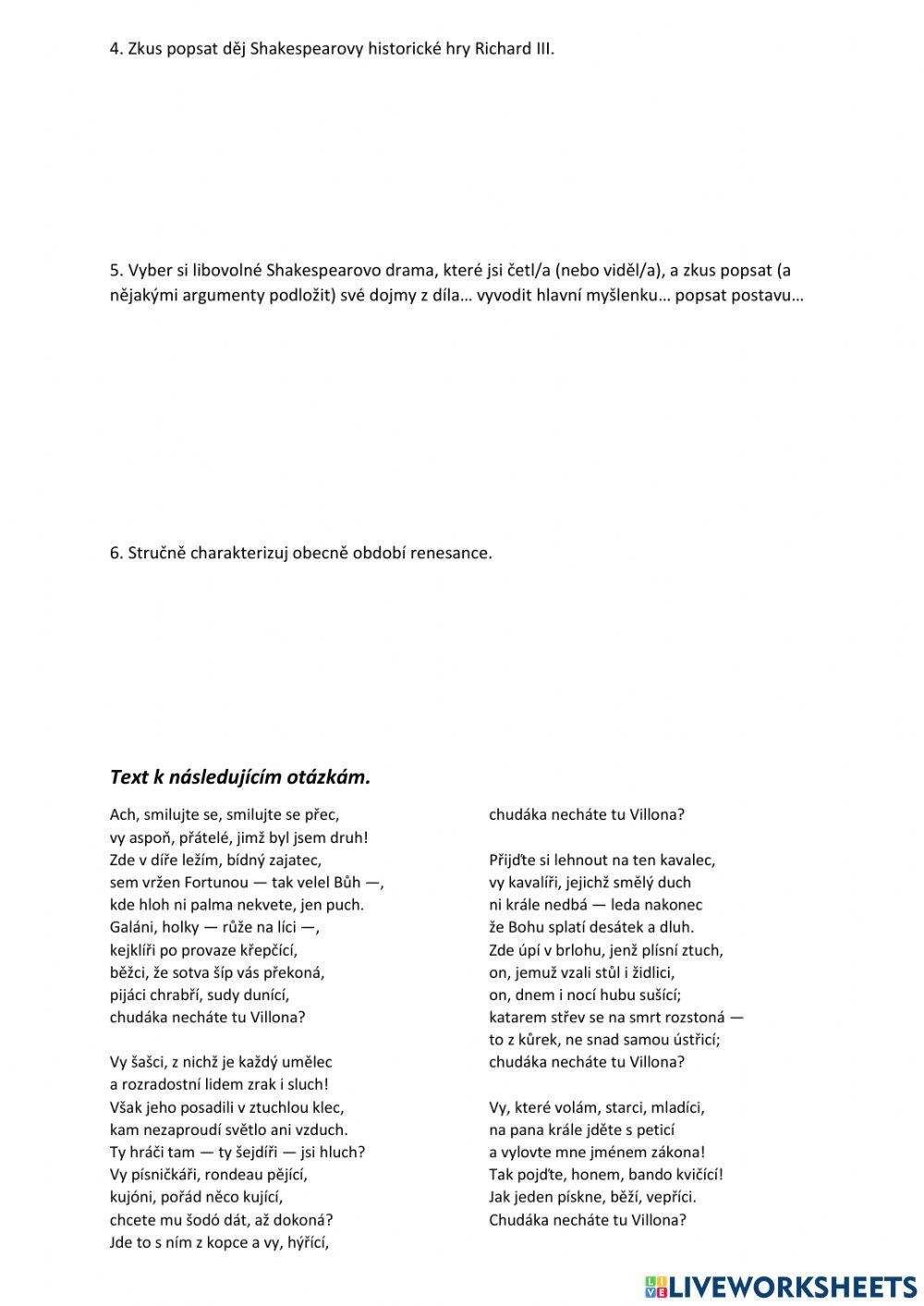 Renesanční literatura - písemka