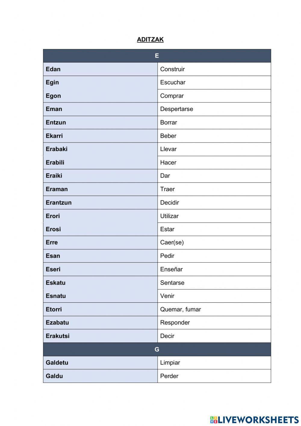 Aditzak E - G