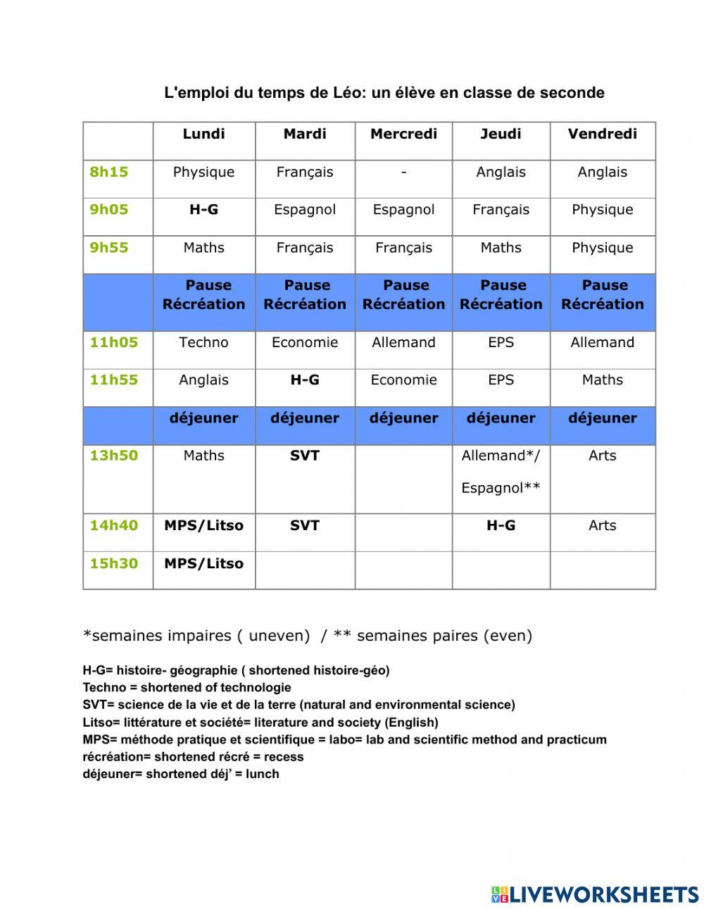 Emploi du temps de Léo