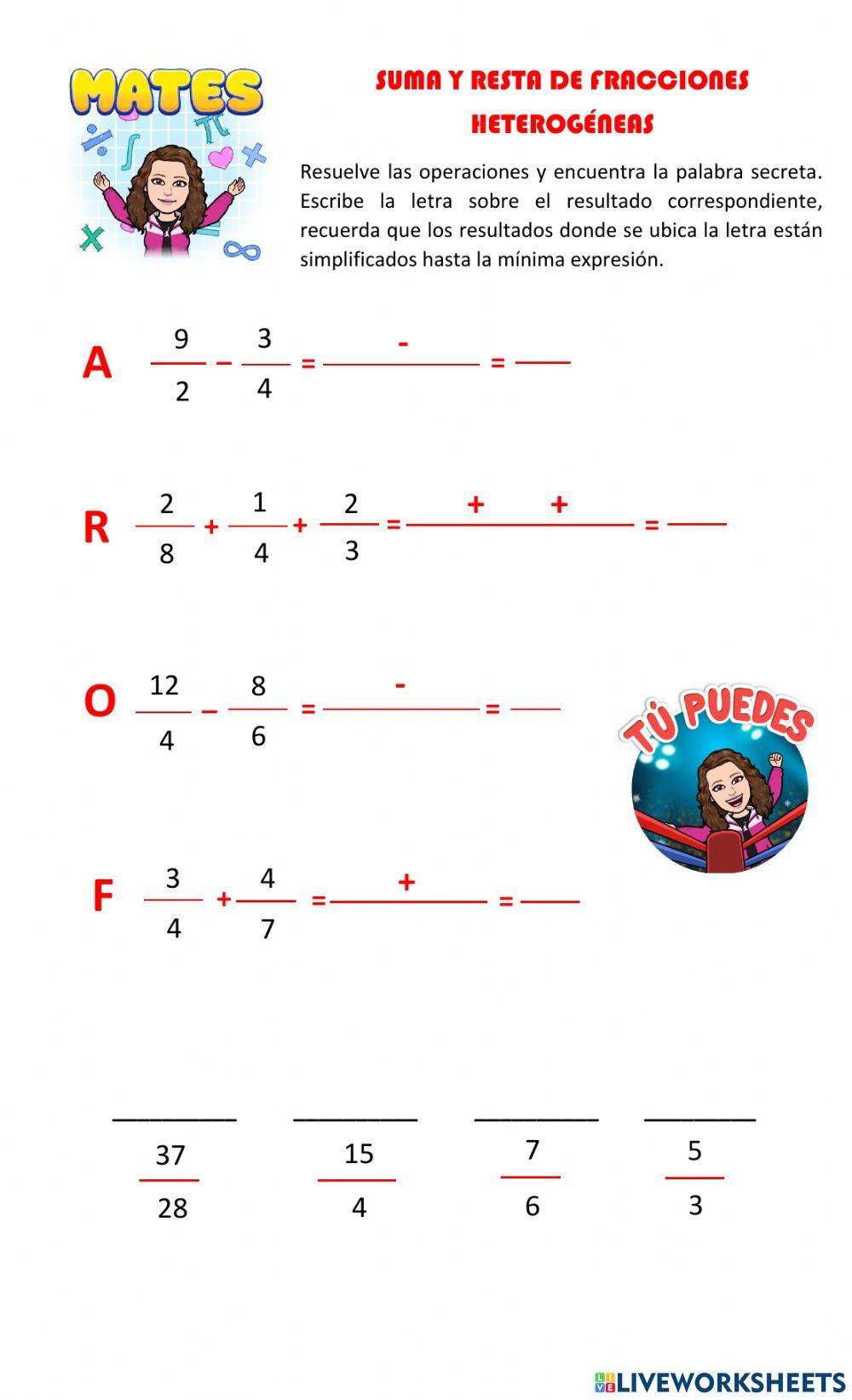 Suma y resta de fracciones heterogéneas