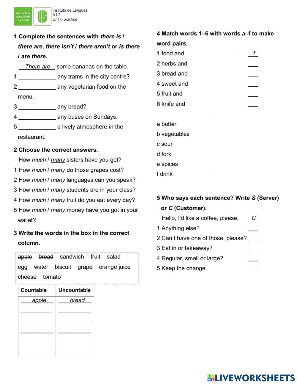 There is-There are-How much - How many- Countable and Uncountable nouns- Food pairs- Ordering food