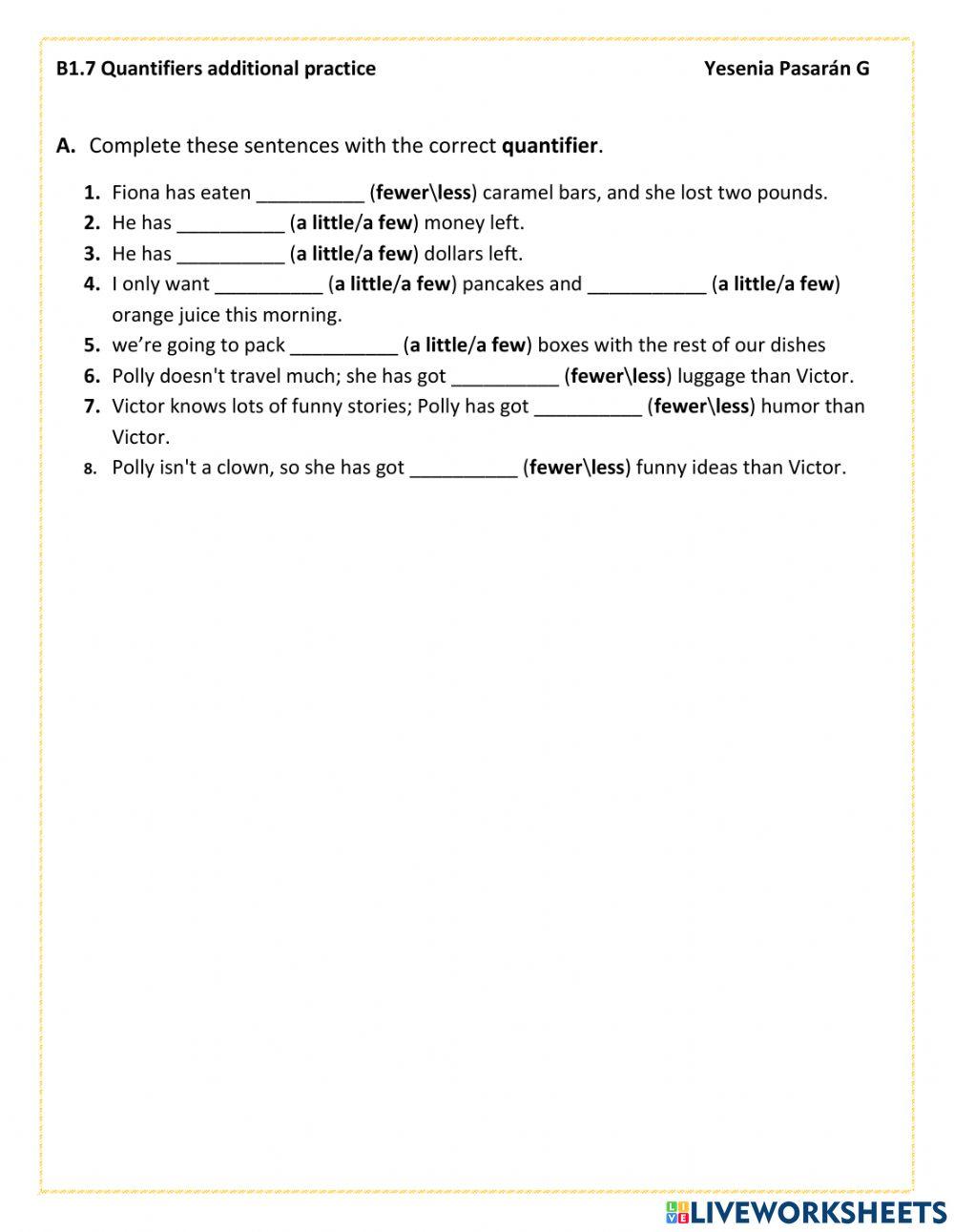 Quantifiers online exercise for b1 live worksheets