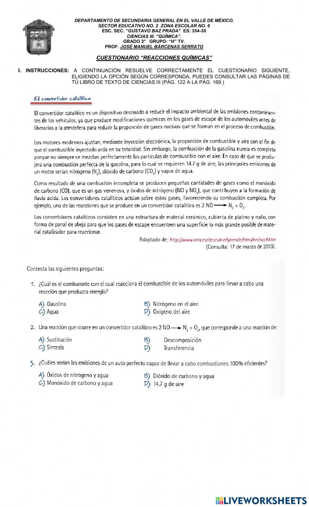 Cuestionario reacciones quimicas
