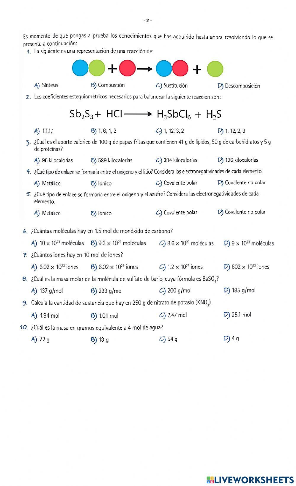 Cuestionario reacciones quimicas