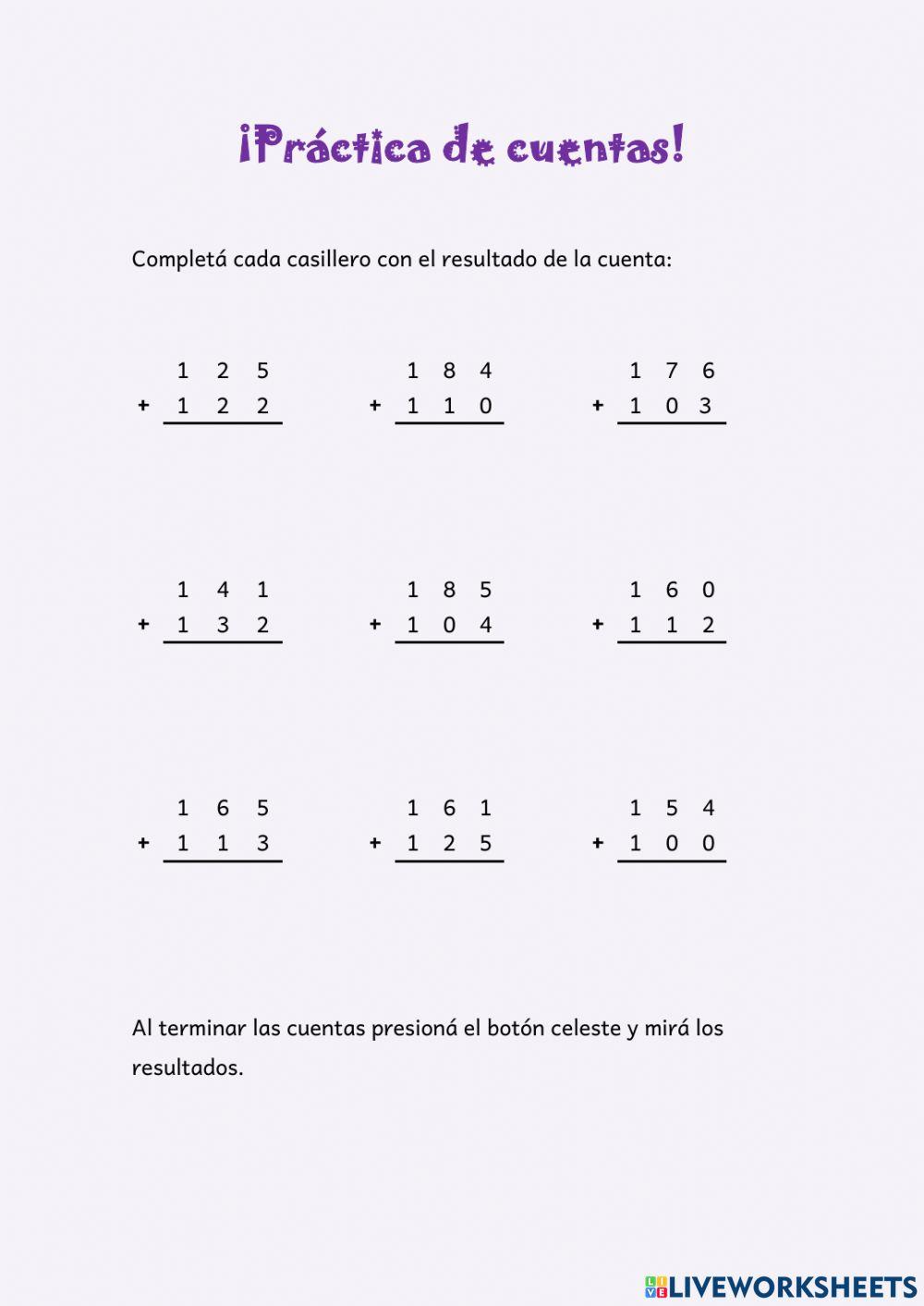 Práctica de cuentas: Suma sin dificultad (hasta 300)