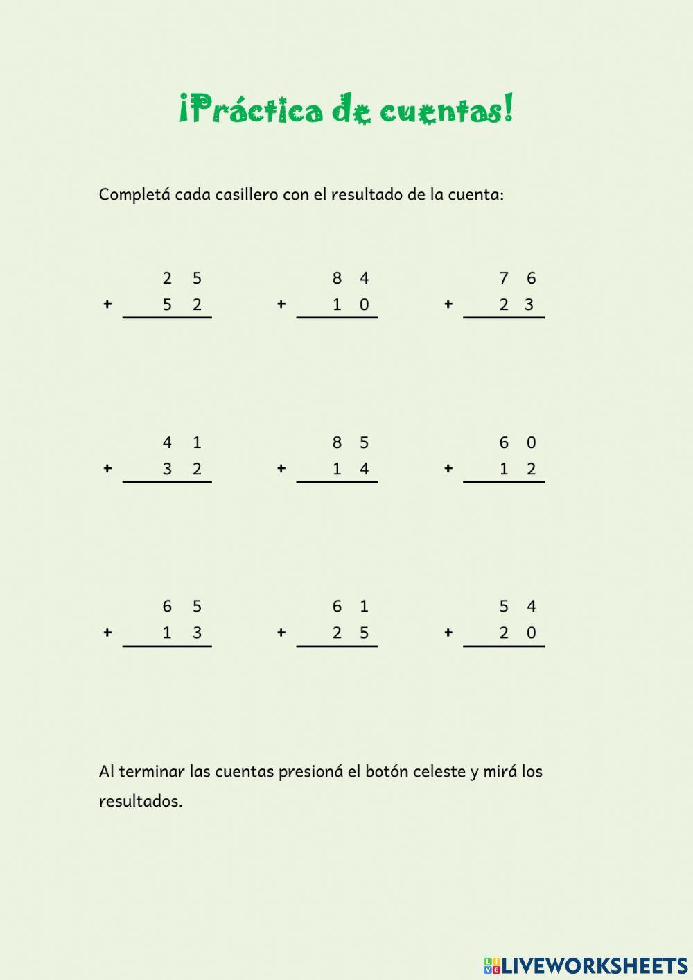 Práctica de cuentas: Suma sin dificultad (hasta 100)