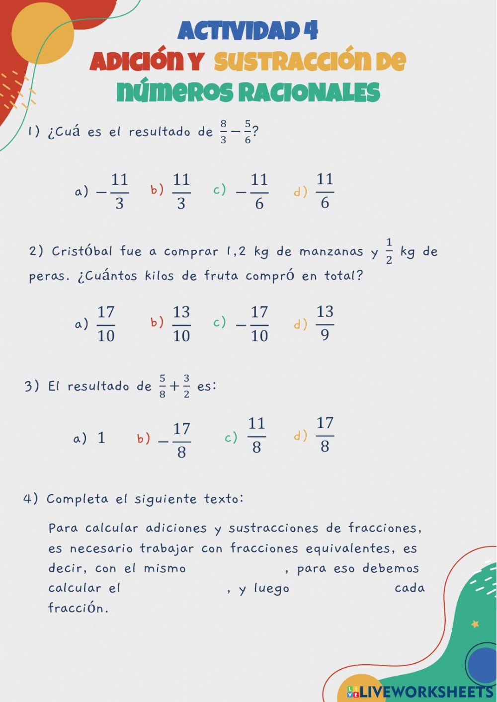 ACTIVIDAD 4 - Adición y sustracción racionales