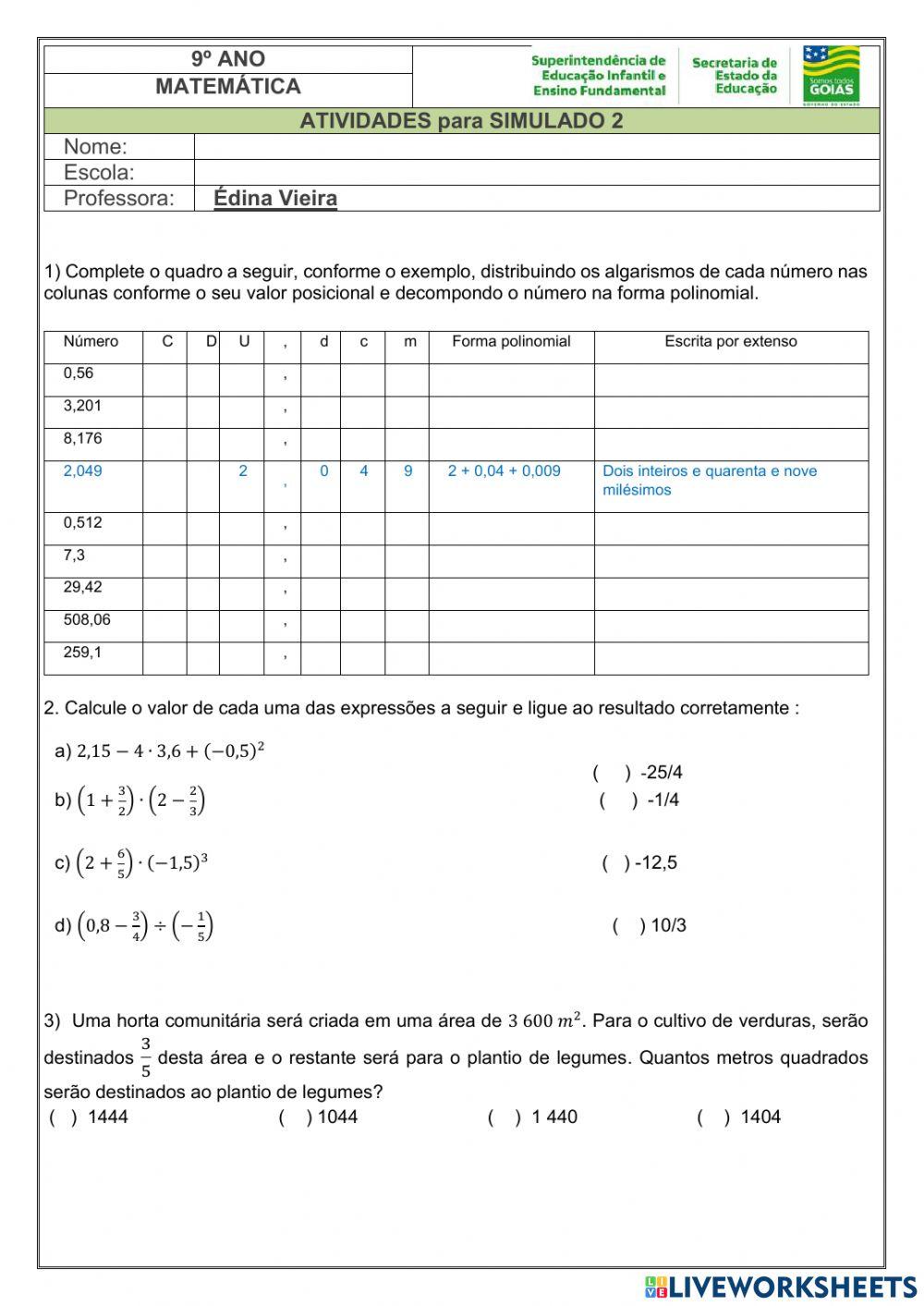 Revisão de Matemática 9º ano