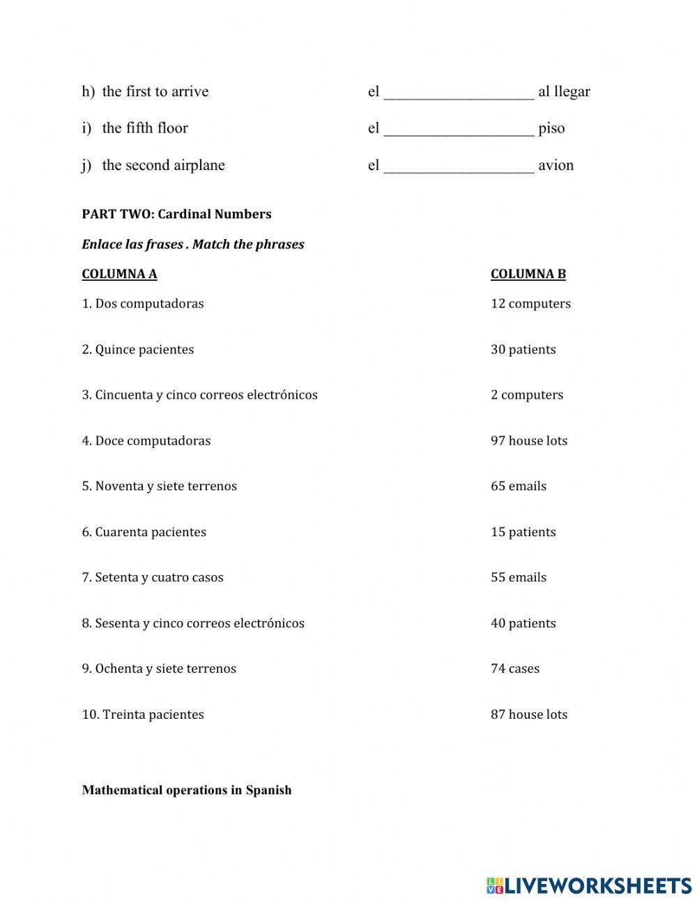 Spanish Cardinal and Ordinal Numbers Test