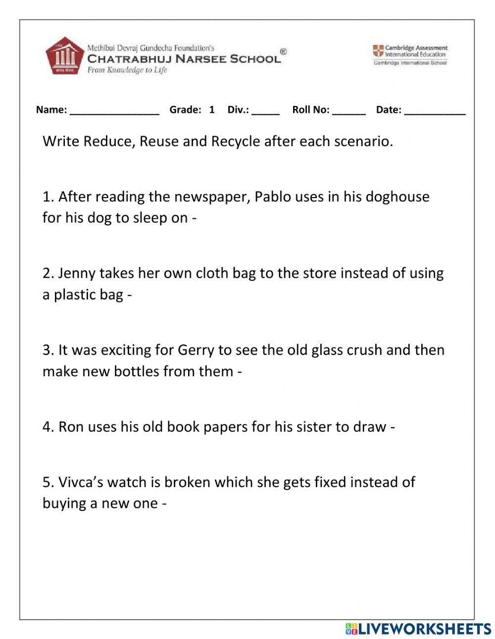 Reduce Reuse and Recycle worksheet | Live Worksheets