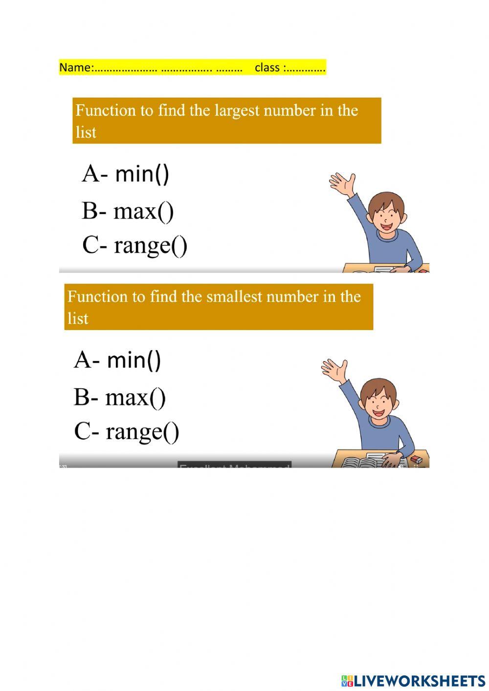 Max min in list worksheet live worksheets