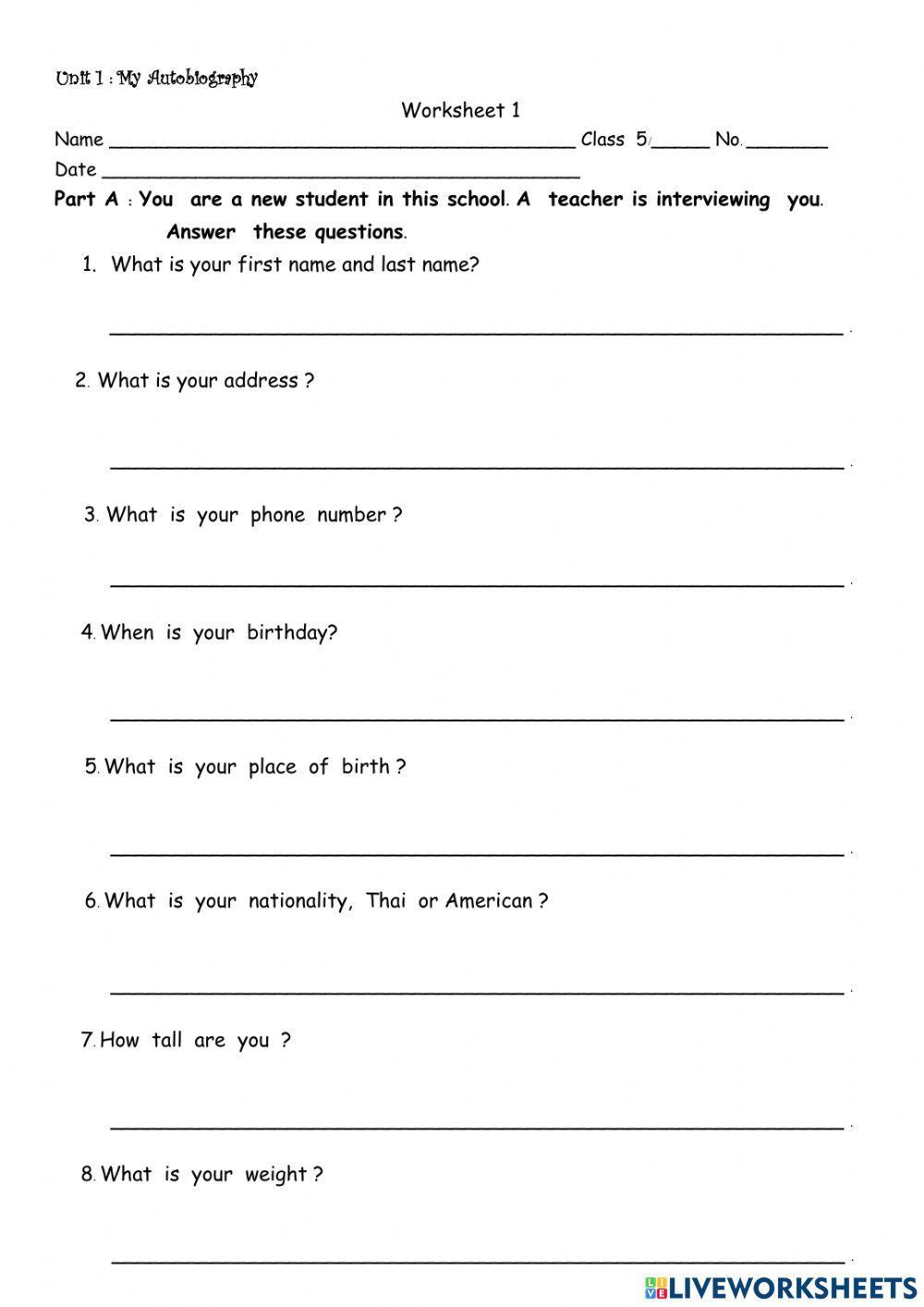 WS 1 Unit 1 My Autobiography