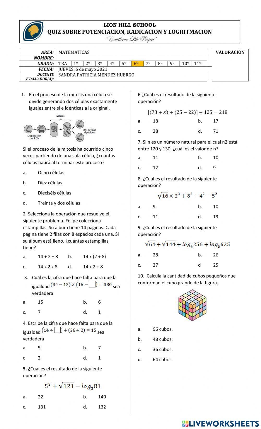 2 quiz sorbe potenciacion, radicacion y logaritmacion