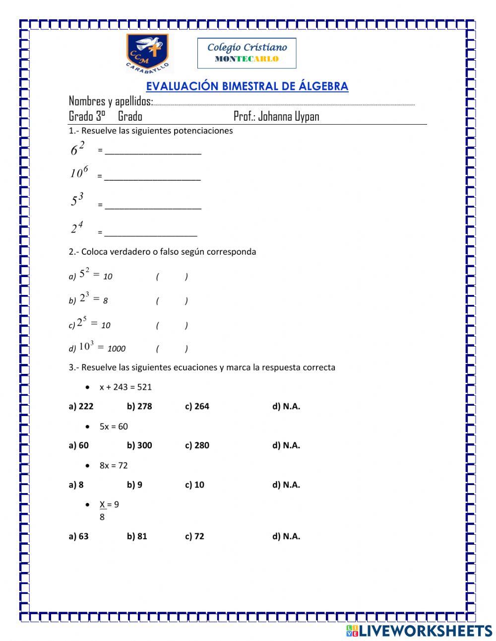 Evaluacion bimestral de algebra