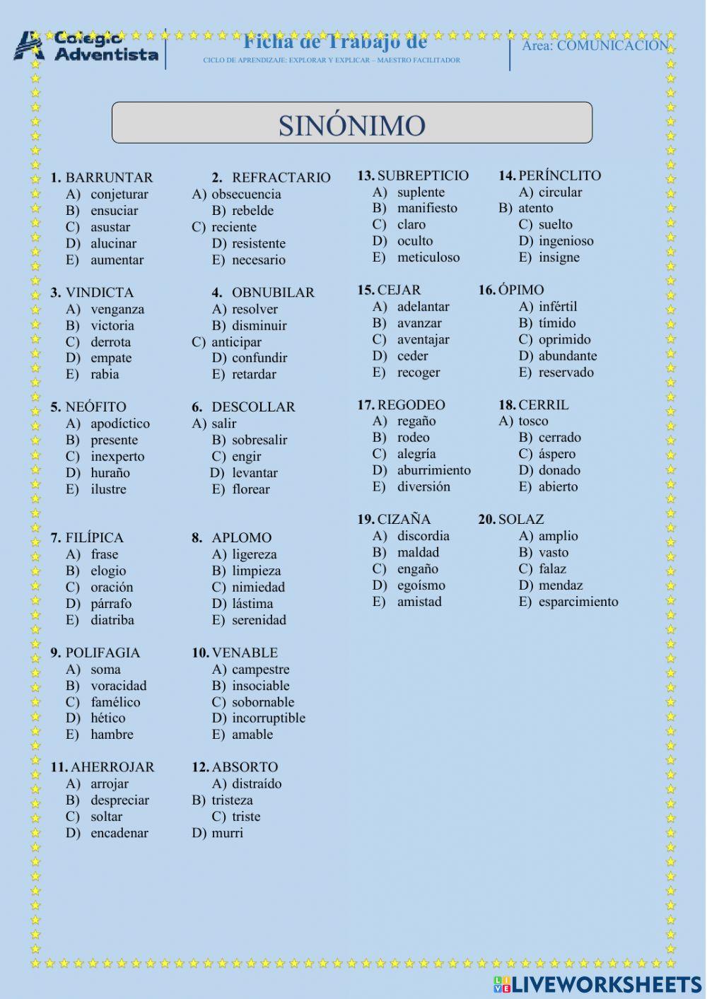 SINÓNIMOS PRÁCTICA CALIFICADA online exercise for | Live Worksheets