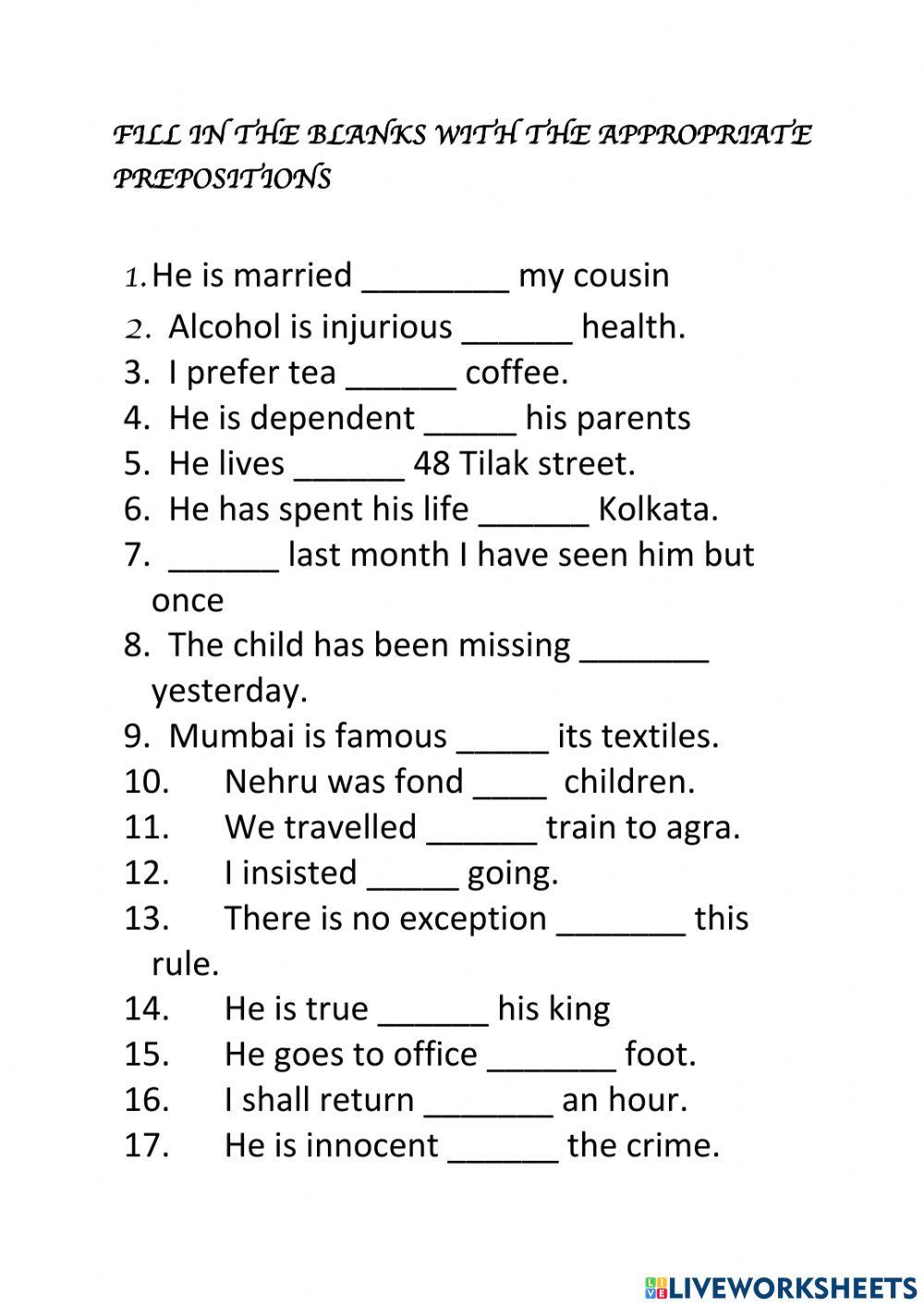 Worksheet On Preposition