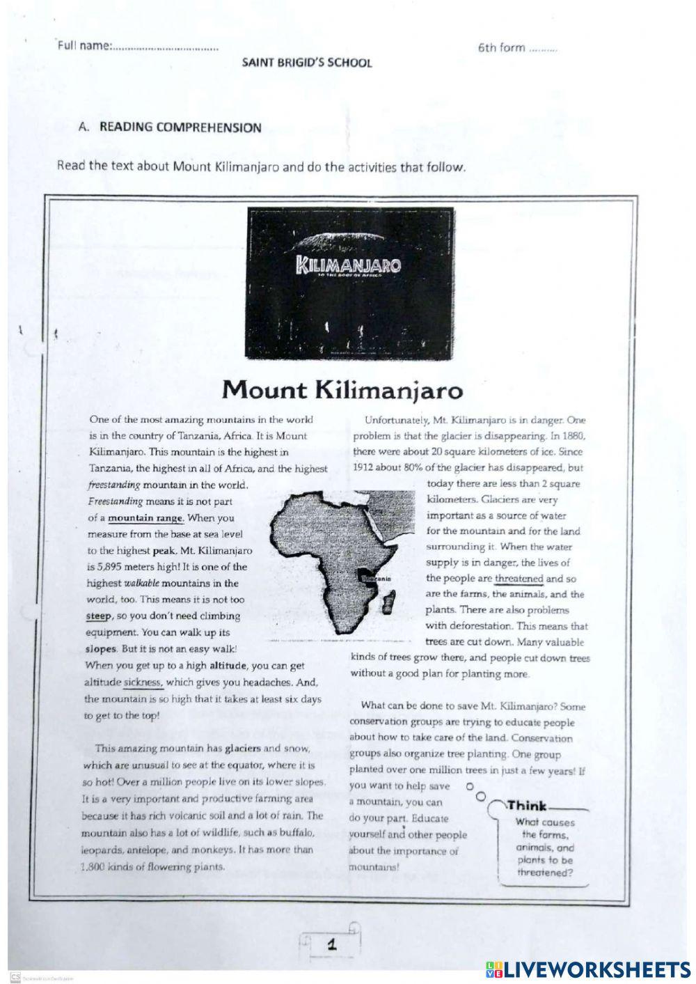 MOUNT KILIMANJARO - Reading Comprehension
