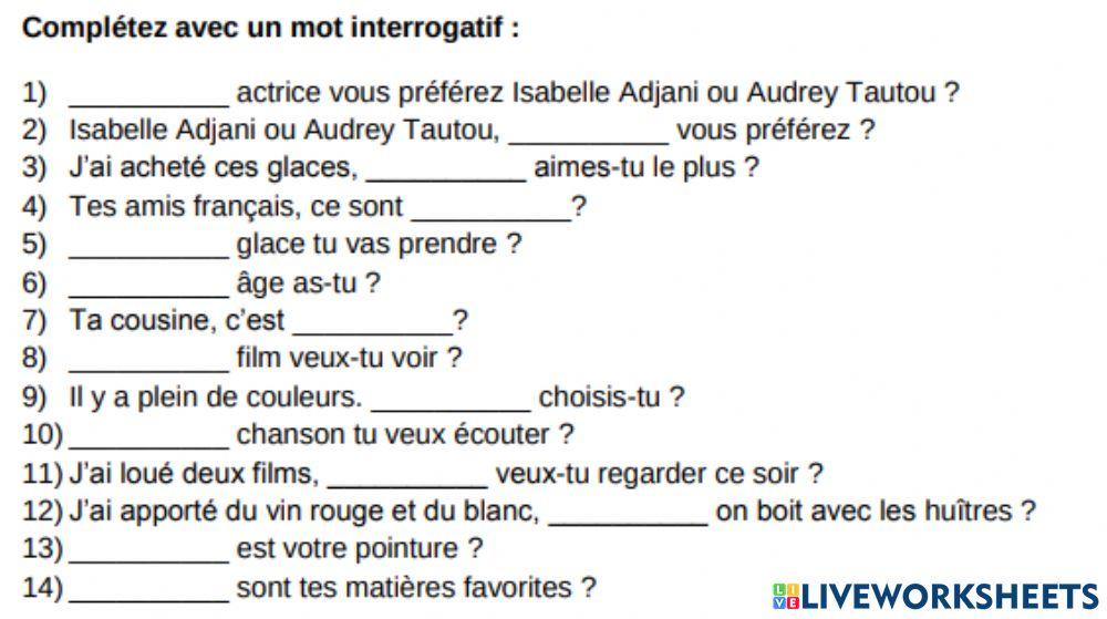 Lequel Laquelle Lesquels Lesquelles übungen Pdf 3006040 | LES ADJECTIFS ET PRONOMS INTERROGATIFS: