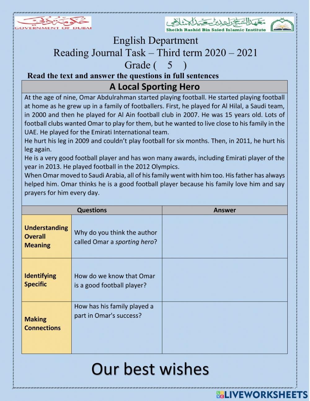 Reading Journal Task – Third term 2020 – 2021