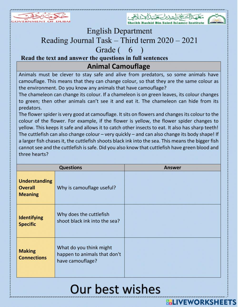 Reading Journal Task – Third term 2020 – 2021