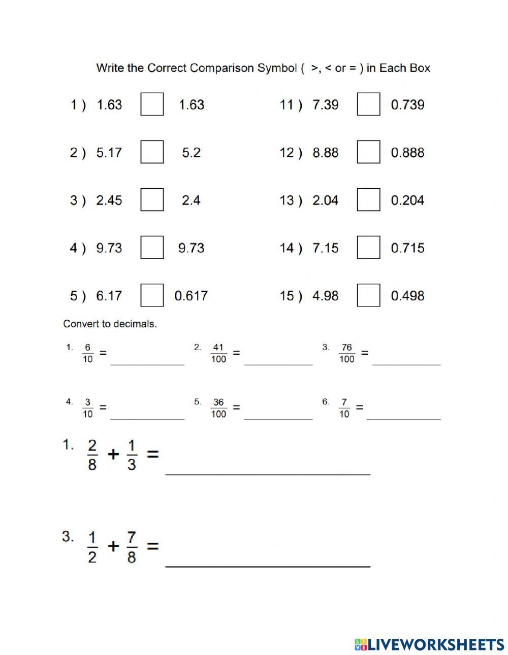 Decimal Fraction Quiz worksheet Live Worksheets