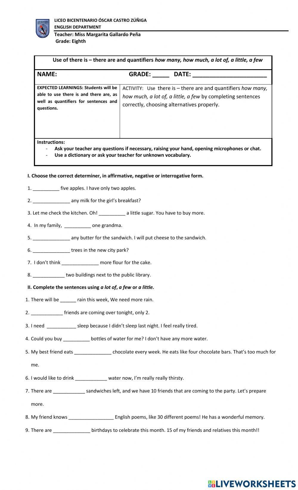 There is - there are and use of quantifiers how many - how much, a lot of, a little, a few