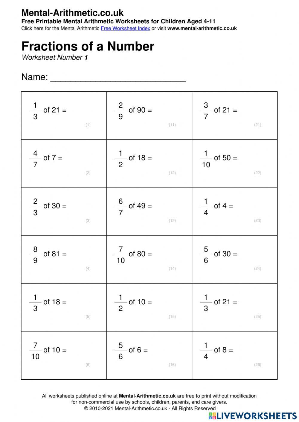 Finding fractional part of a number online exercise for Live Worksheets