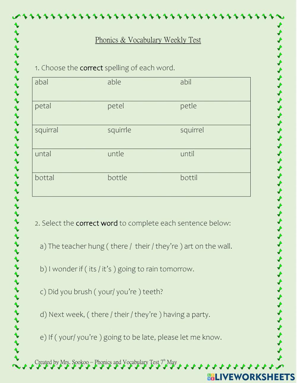 Phonics and Vocabulary May 7th Test