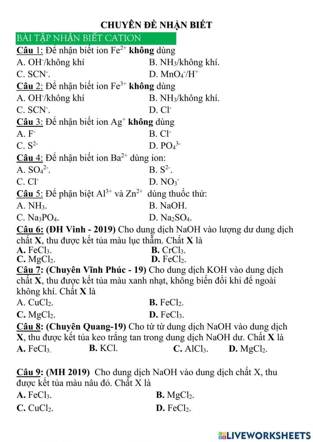 Nhận biết cation