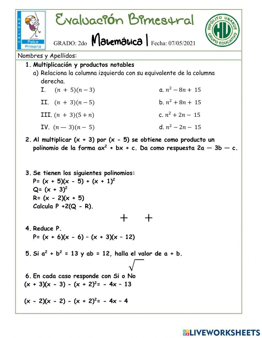 Examen Bimestral Secundaria 2do