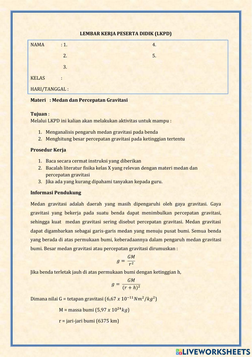 Lkpd Medan dan Percepatan Gravitasi