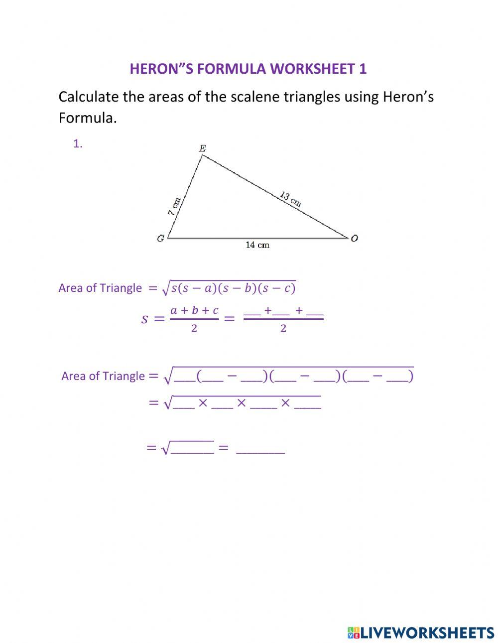 Heron's Formula Worksheet 1