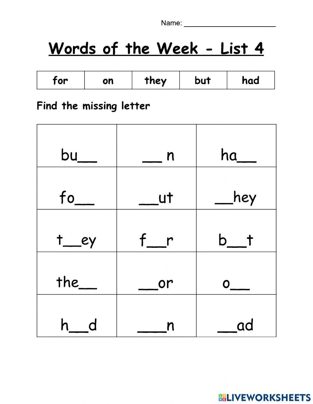 WOW - 5 Words - List 4 - Missing Letter