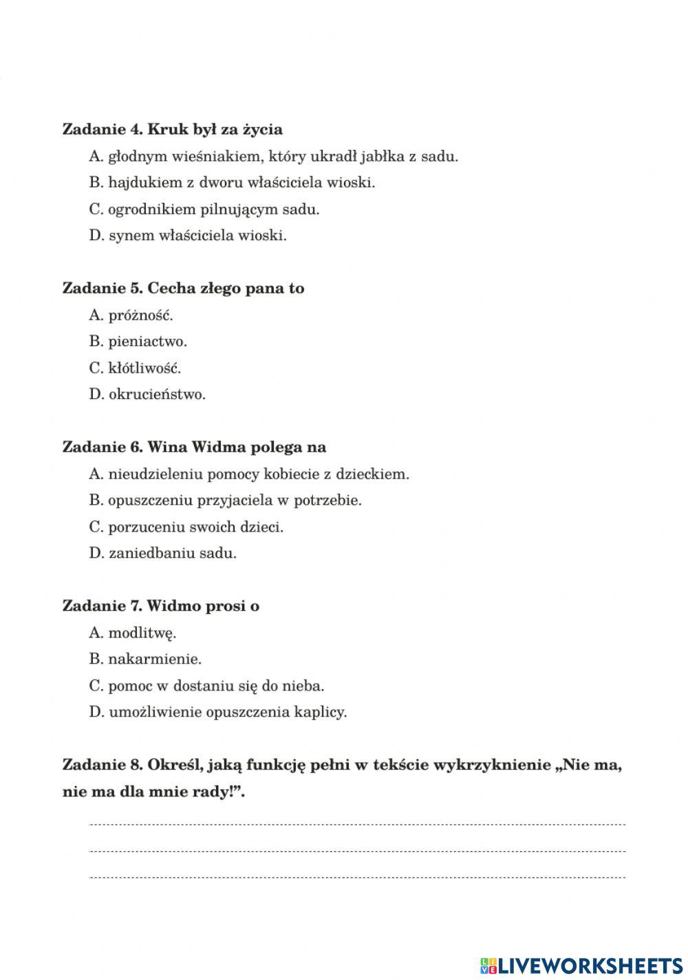 Dziady Cz 2 Test Podsumowujący 982169 | Test - Dziady cz.II | K_Ula | LiveWorksheets