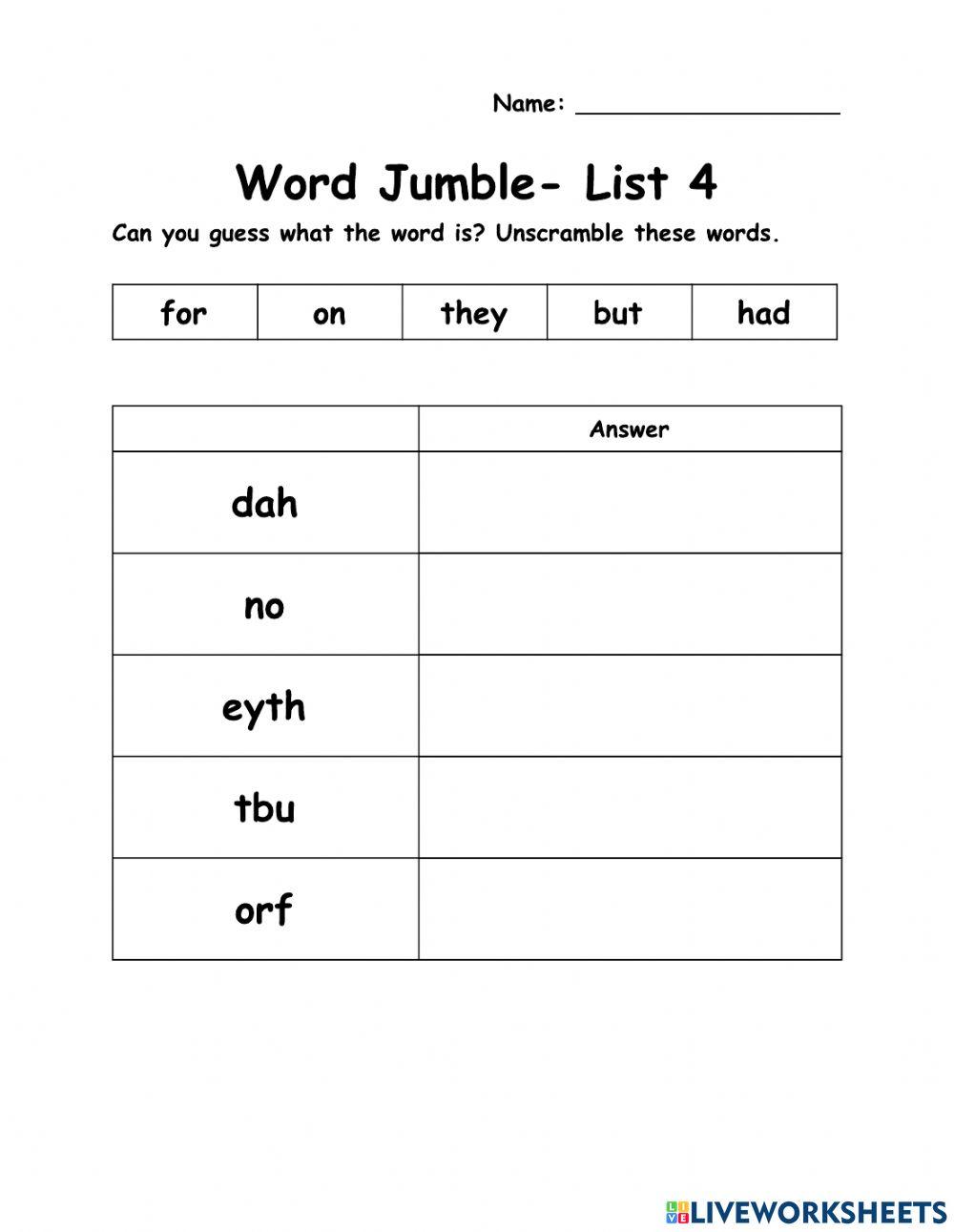 WOW - 5 Words - List 4 - Word Jumble