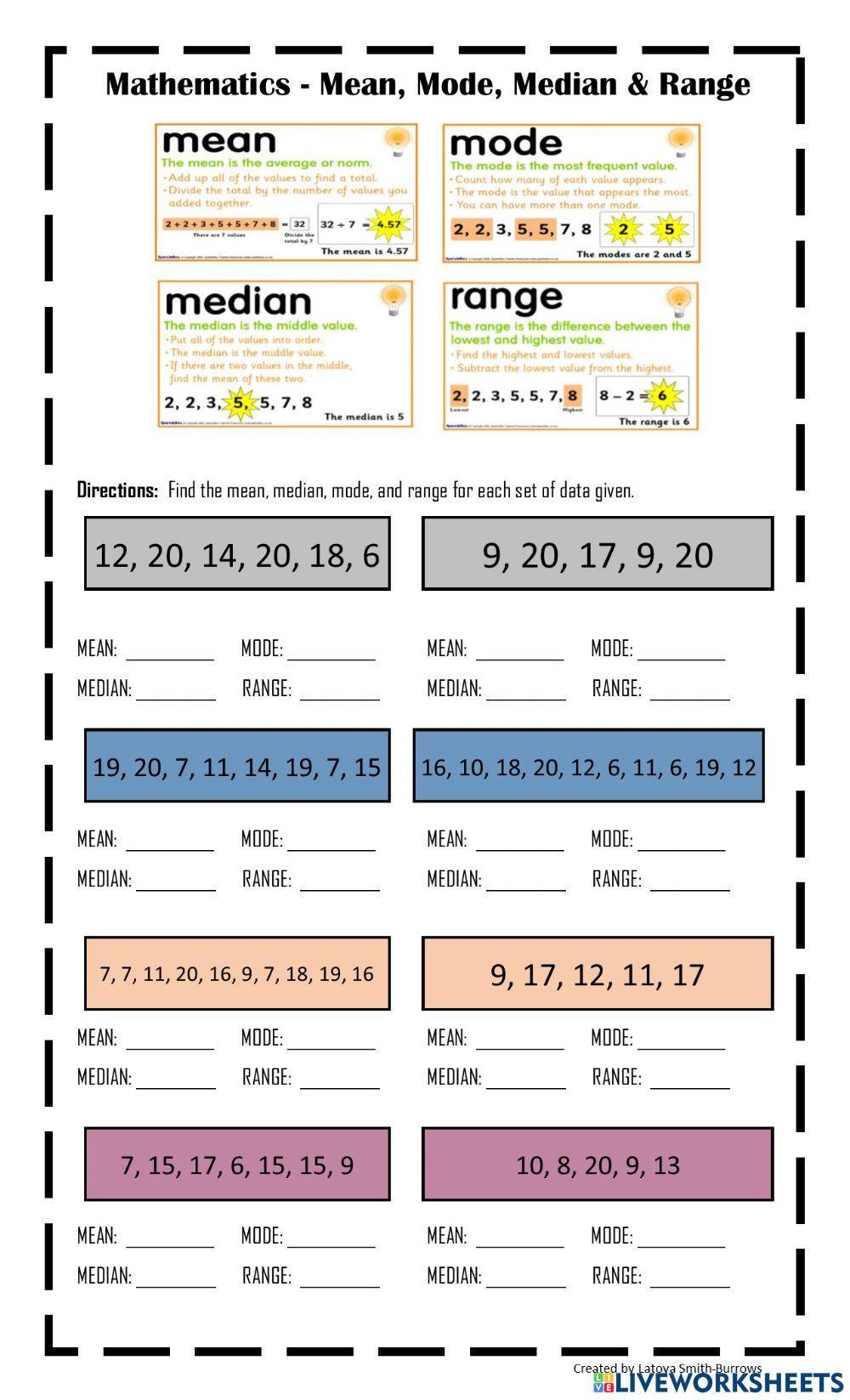 Mean, Mode, Median and Range Mean, Mode, Median and Range