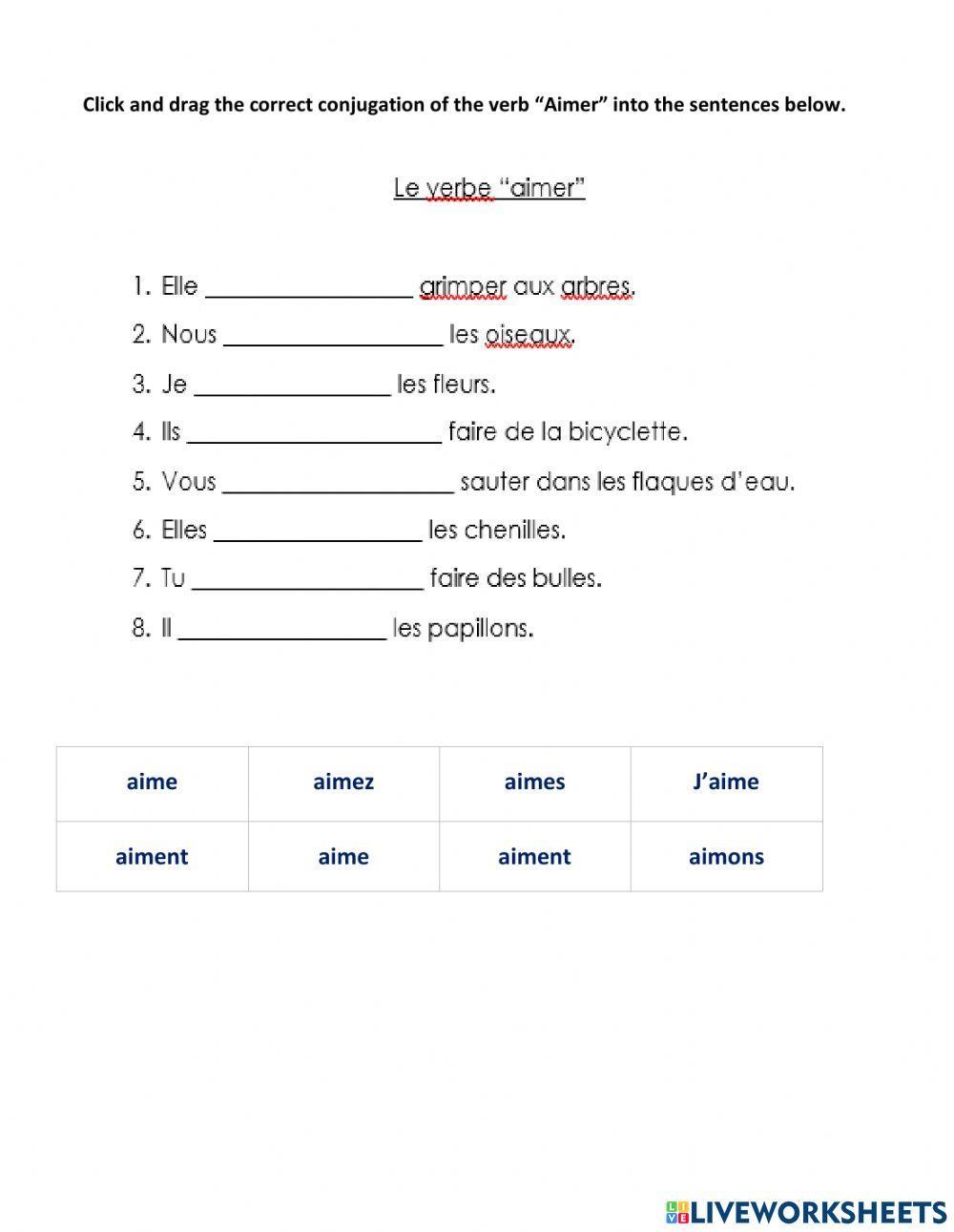 Le verbe aimer interactive worksheet
