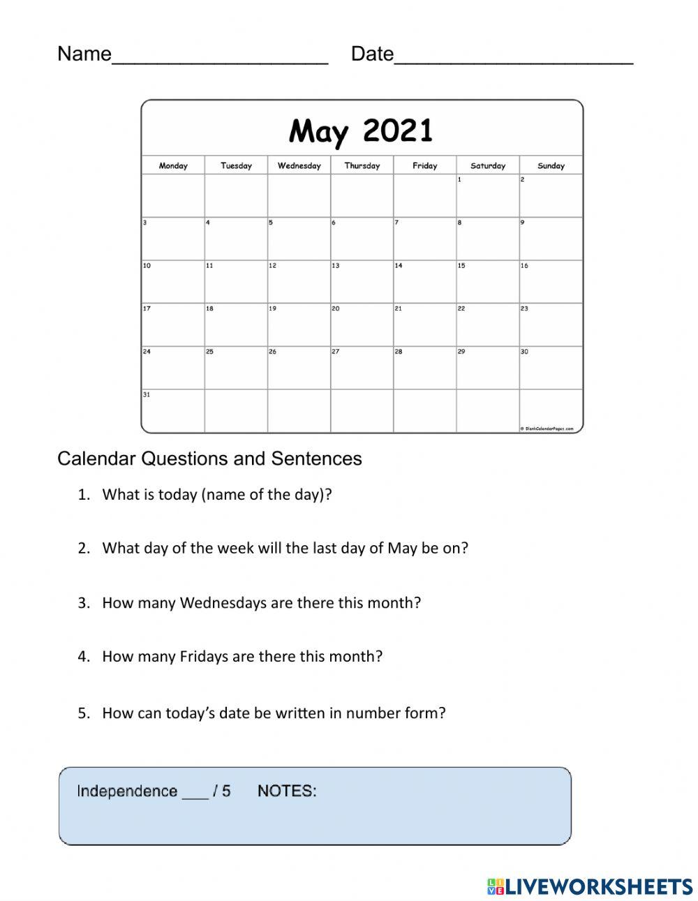 Calendar Worksheet for 5-10-21