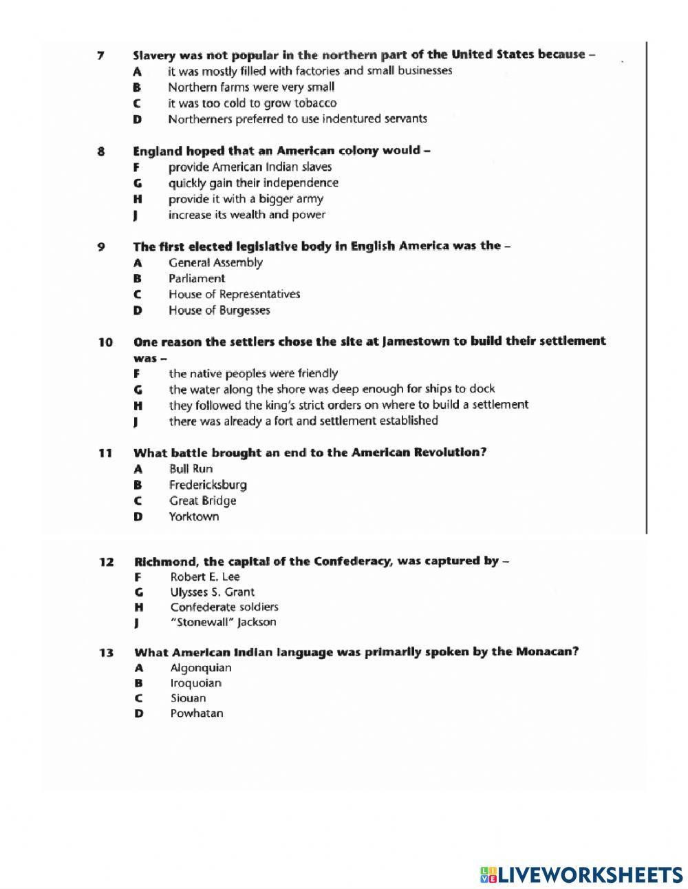 Virginia Studies SOL Test Prep 5-13-2021 worksheet | Live Worksheets