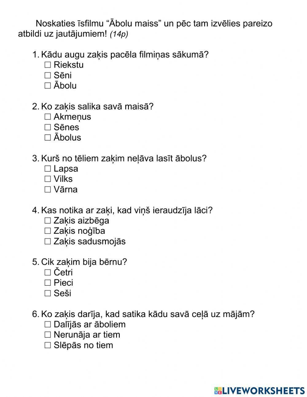 Jautājumi par īsfilmu Ābolu maiss