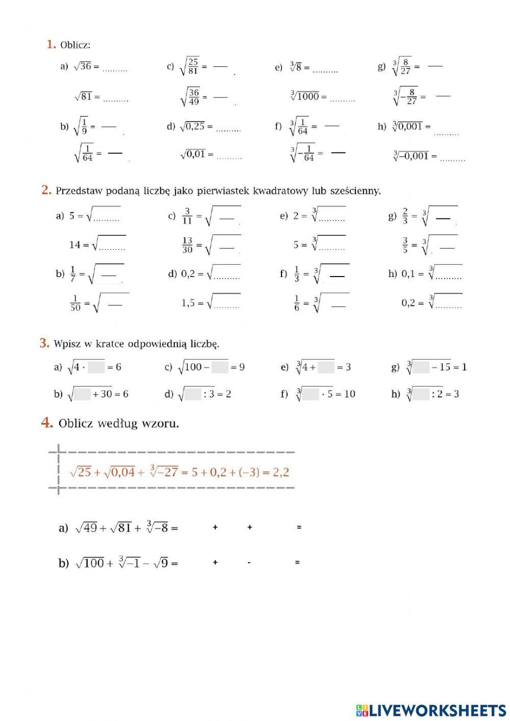Ćwiczenia Pierwiastki str. 103 klasa 7
