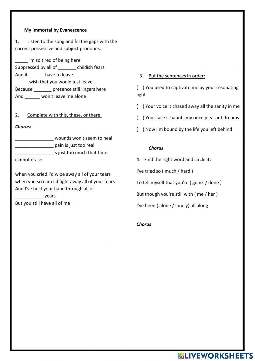 Song: Earned it interactive worksheet